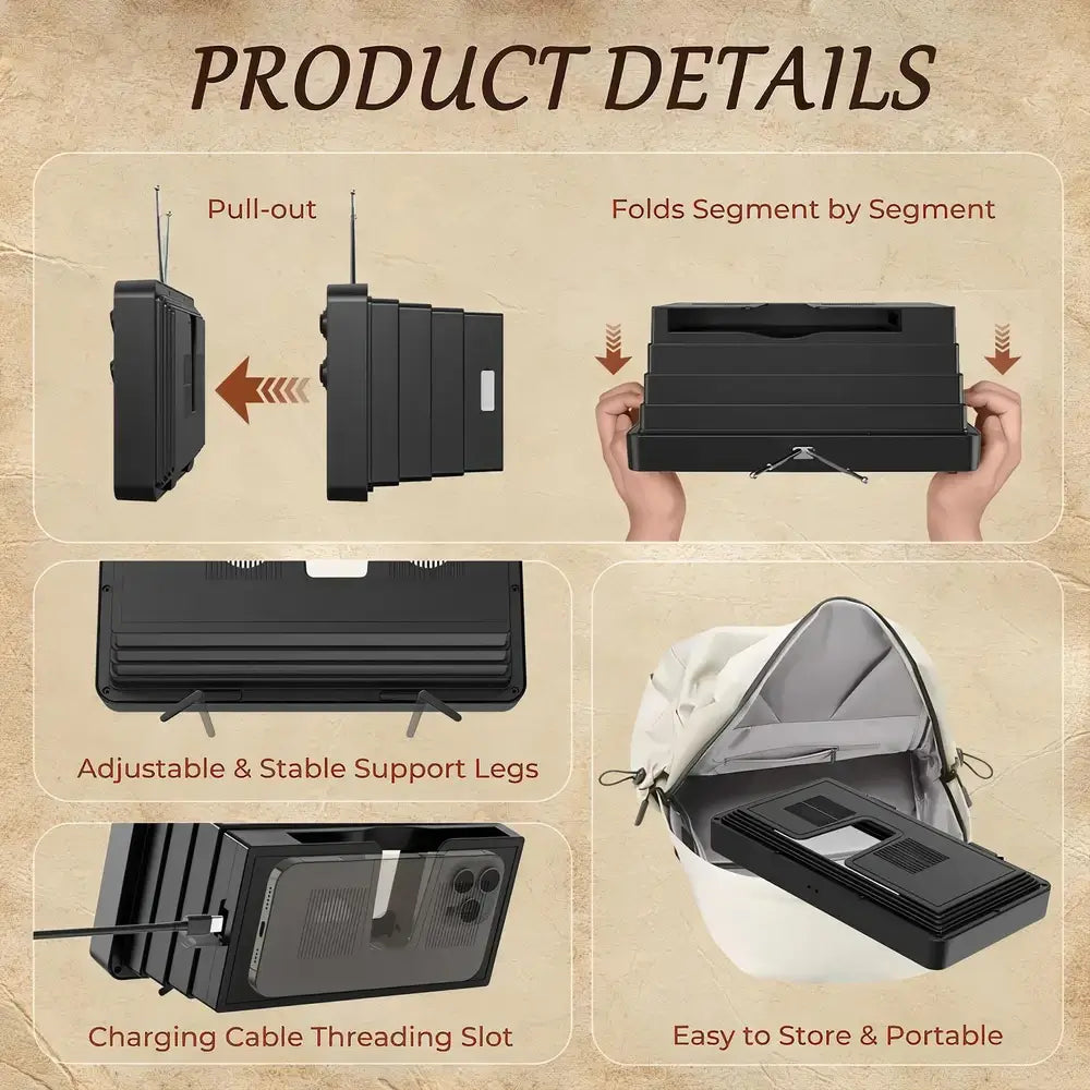 Product details of a black device with adjustable legs and storage features on a beige background.