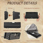 Product details of a black device with adjustable legs and storage features on a beige background.