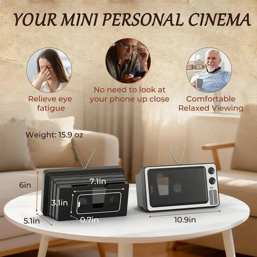 Small television set on a table with text about its benefits and dimensions.