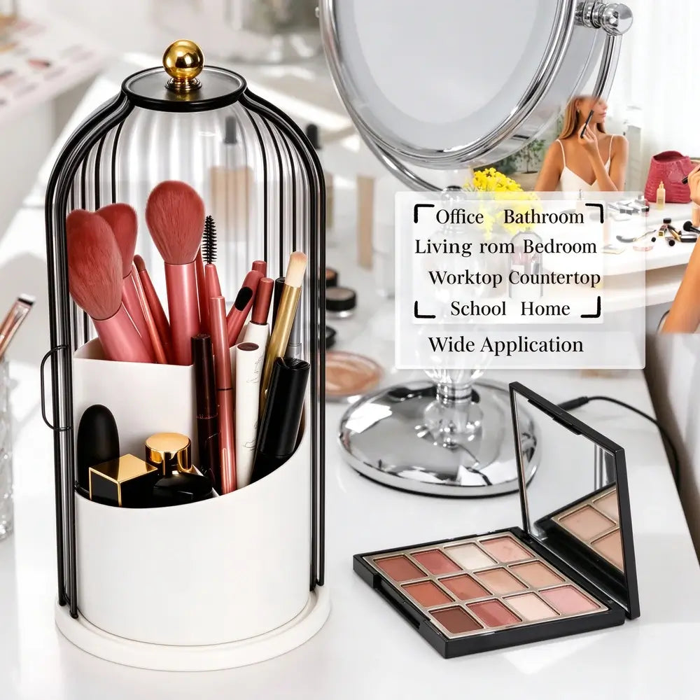 Rotating Toothbrush & Makeup Brush Organizer With Lid