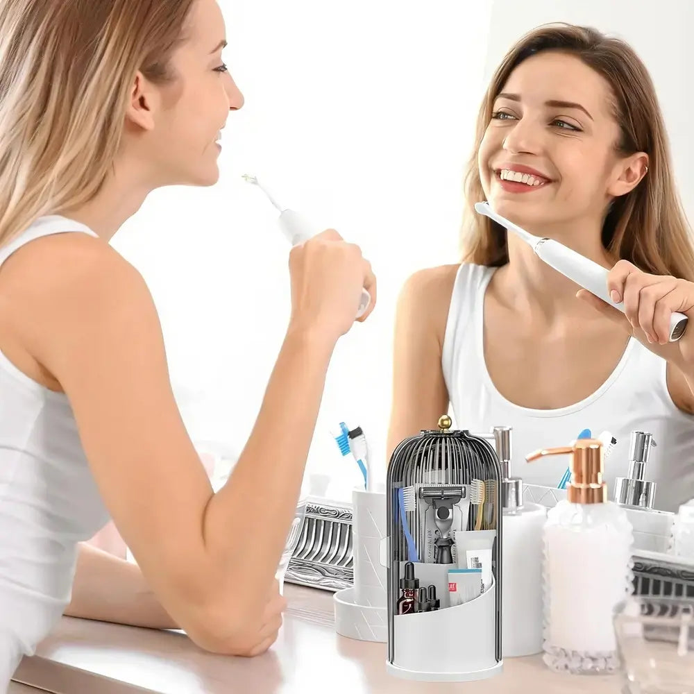 Rotating Toothbrush & Makeup Brush Organizer With Lid
