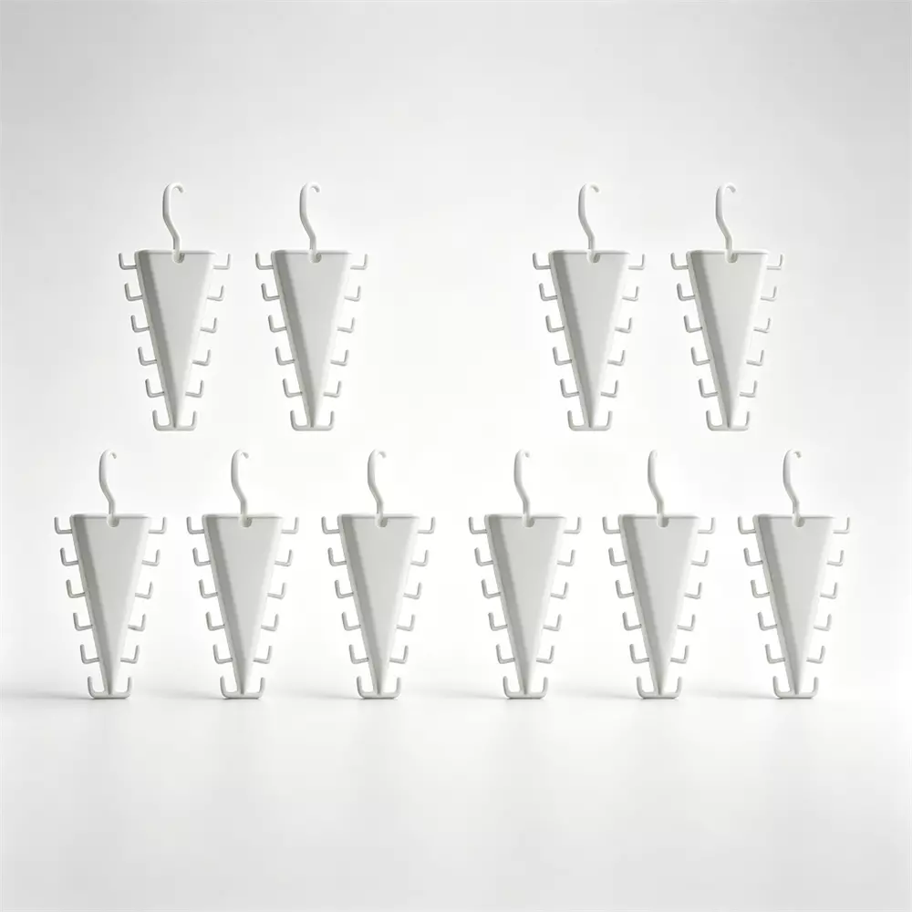 Nine white plastic jewelry display stands arranged in two rows on a clean white background.