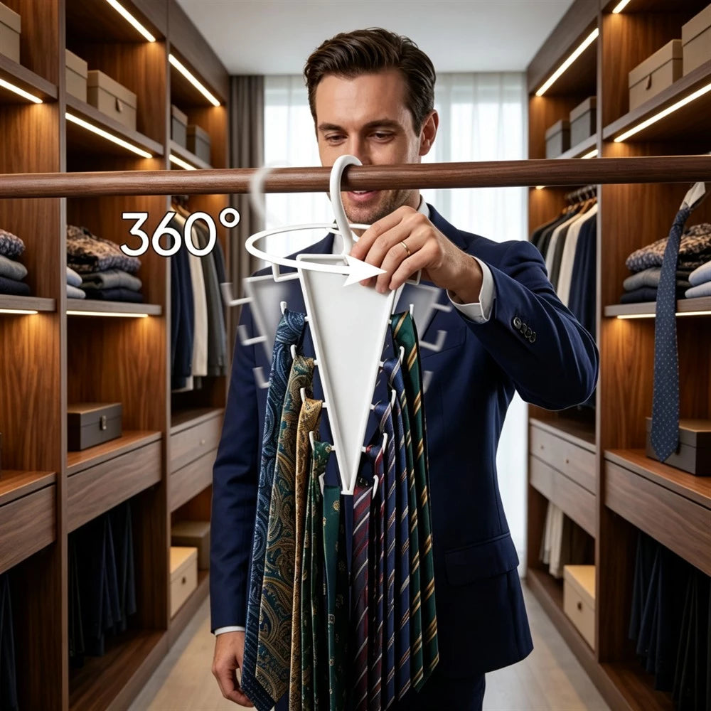 A man in a navy suit stands in a well-lit walk-in closet holding a white 360-degree tie hanger with multiple patterned neckties. The image includes a '360°' text overlay and a circular arrow graphic to illustrate the product's rotating function.