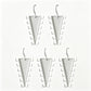 Five white plastic cone-shaped jewelry display stands with hook hangers, arranged on a plain white background.