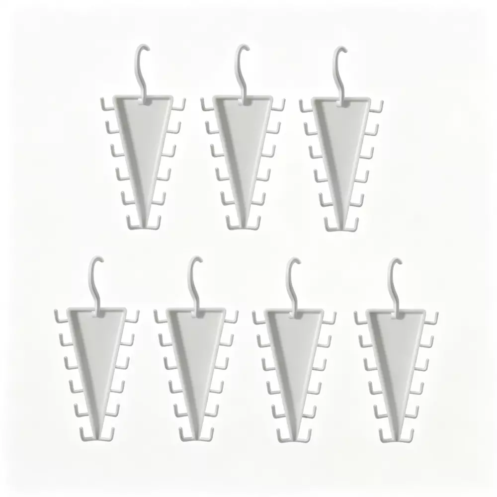Six white plastic jewelry display hooks arranged in two rows on a plain white background.