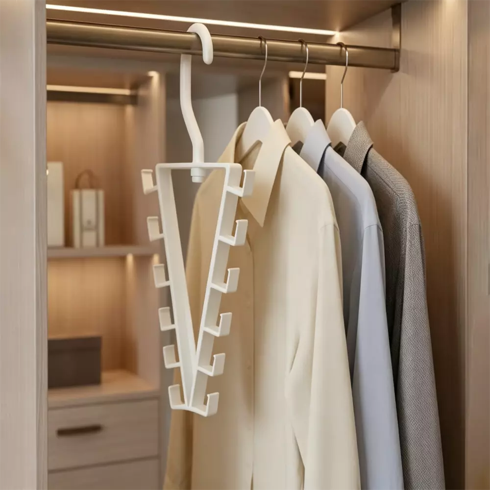 A white multi-hanger garment rack hangs from a closet rod inside a wooden wardrobe, holding several collared shirts.