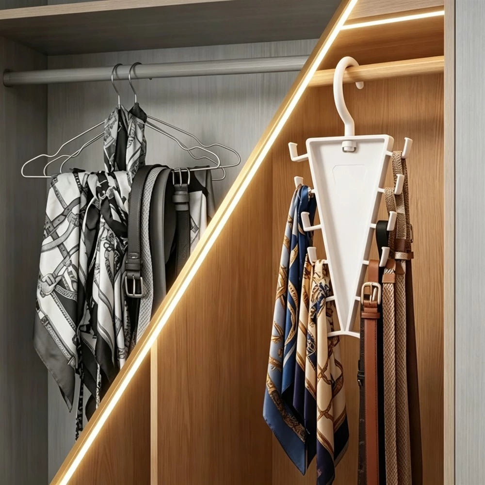 A white triangular wall-mounted organizer hook hanging on a wooden closet door, holding multiple neckties and scarves. The closet interior with warm LED lighting is visible in the background.