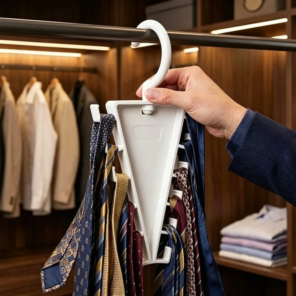 A hand holding a white plastic multi-tycoon hanger filled with neckties, shown hanging from a closet rod in a wooden walk-in closet.