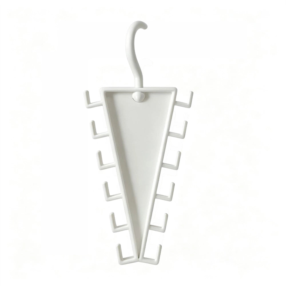 A white plastic umbrella stand with a hook at the top and multiple side slots, shown against a plain white background.