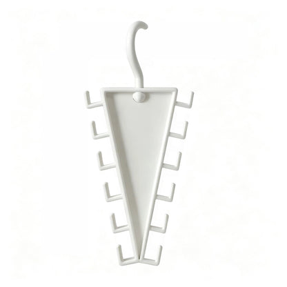 A white plastic umbrella stand with a hook at the top and multiple side slots, shown against a plain white background.