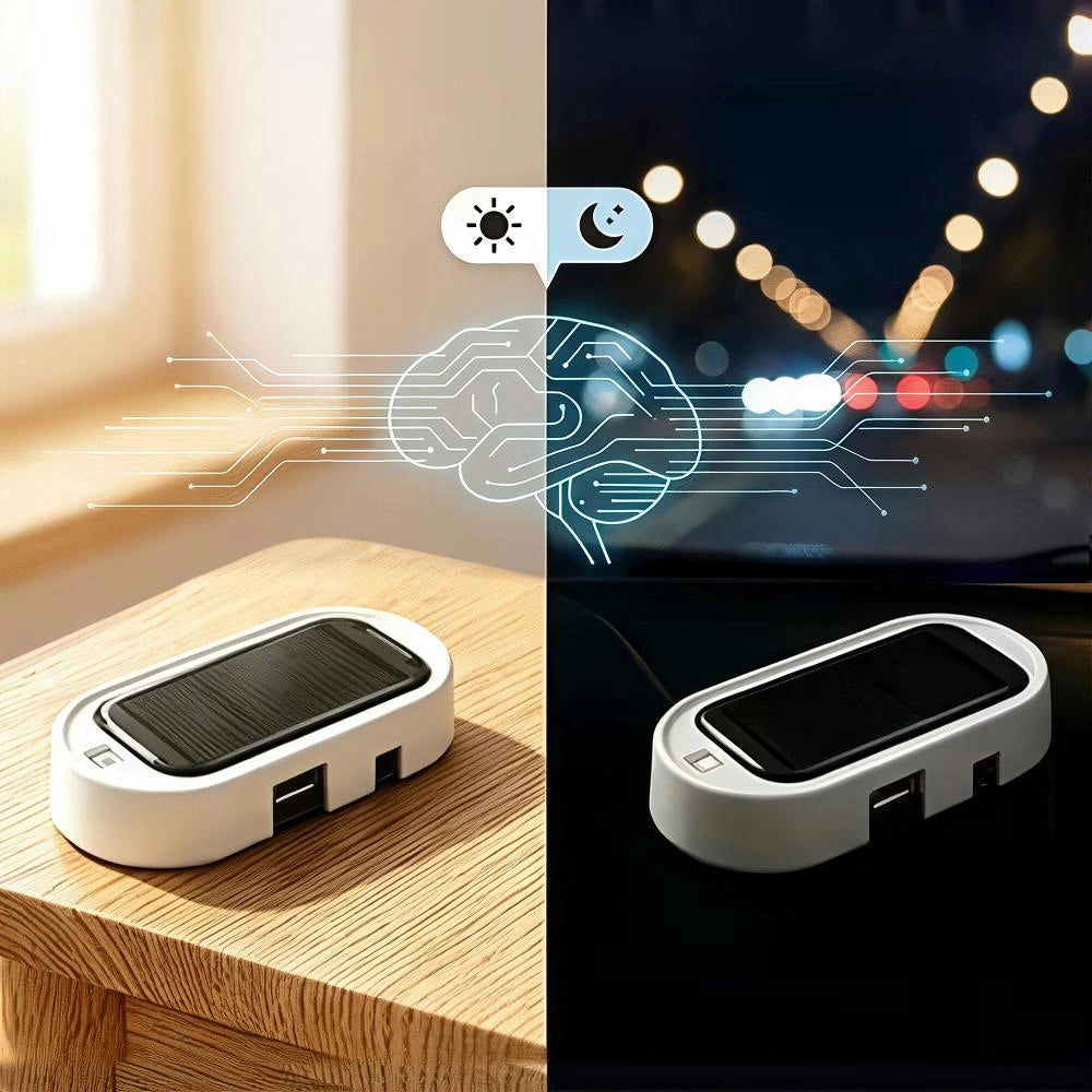 A white rectangular solar-powered car accessory with a black top panel is shown in a split-screen comparison. The left half shows it resting on a wooden table in warm natural light, with glowing circuit-style graphics and sun/moon icons above suggesting smart lighting control.
