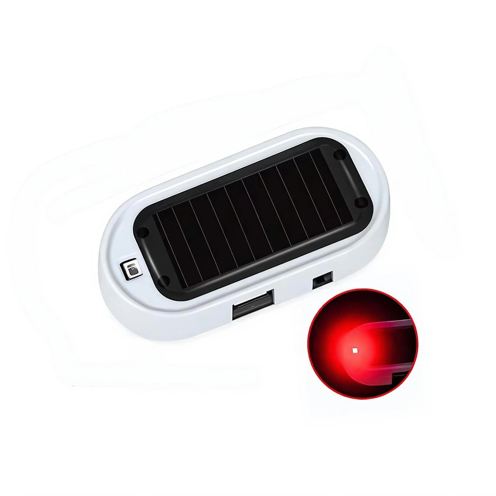 A white and black solar-powered device with a circular inset showing a red light beam, set against a plain white background.