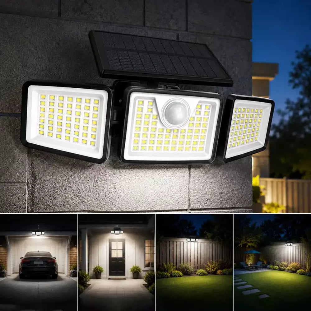 Solar outdoor security light with three adjustable light heads