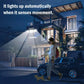 Solar-powered spotlight providing outdoor lighting near a driveway
