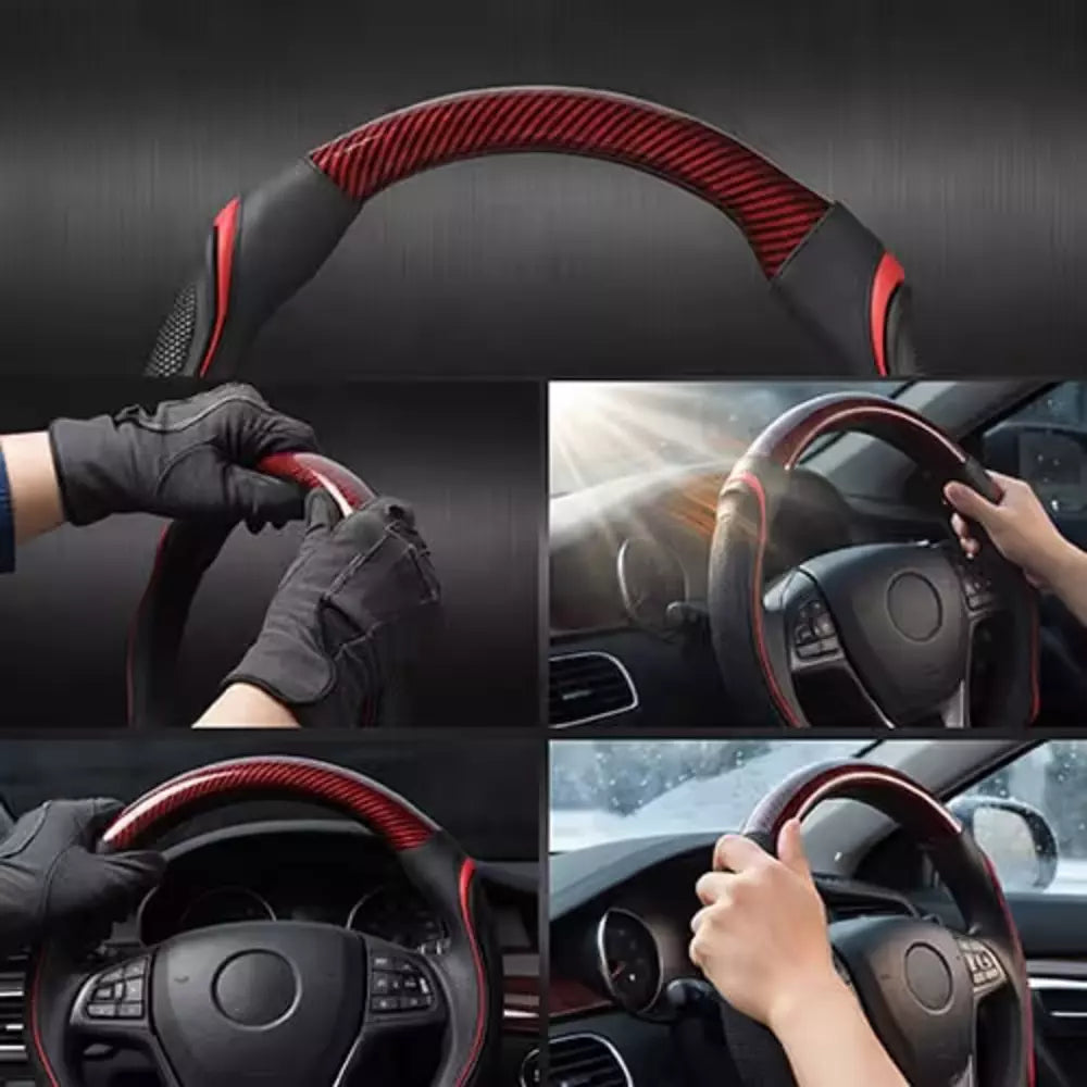Sport-style steering wheel cover in a car interior