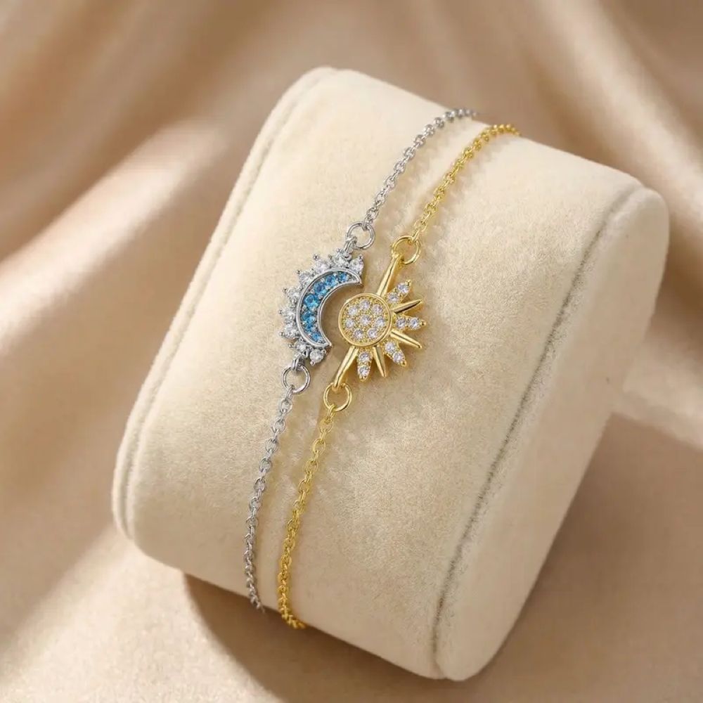 Sun & Moon Bracelet Set, Stackable Celestial Charm Bracelets