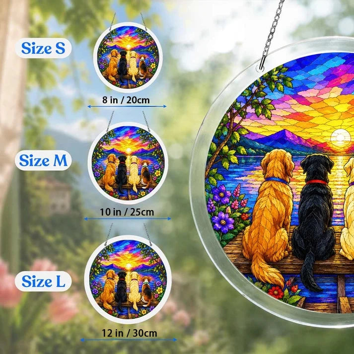 A size chart showing three sunset dogs suncatchers in S M and L measuring 8 10 and 12 inches with a large size detail on the right