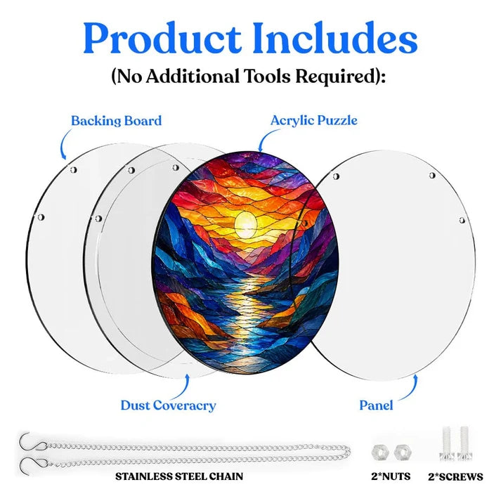 A diagram showing the included parts of the sunset river acrylic puzzle suncatcher such as backing board dust cover panel stainless steel chain nuts and screws