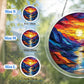 A size chart showing three sunset river suncatchers in S M and L measuring 8 10 and 12 inches with a large size detail on the right