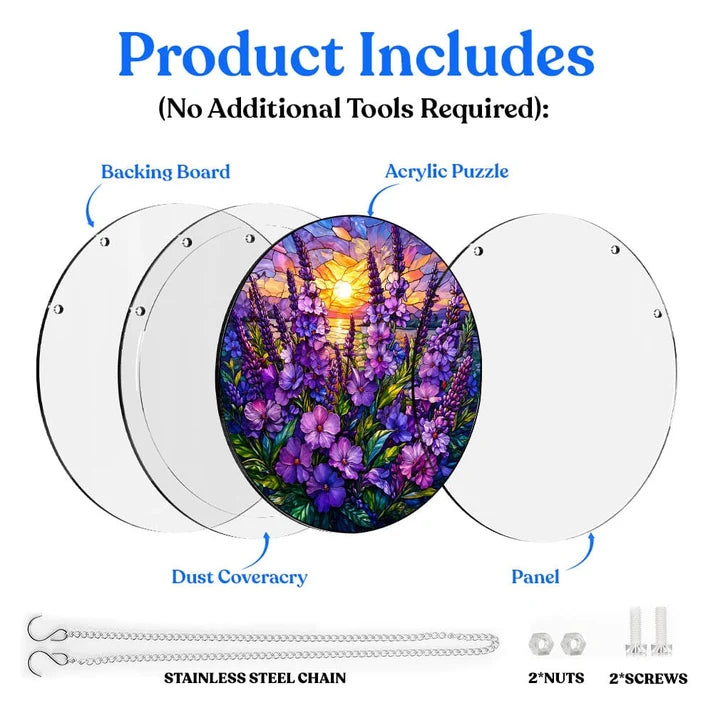 A diagram showing the included parts of the violet sunset acrylic puzzle suncatcher such as backing board dust cover panel stainless steel chain nuts and screws