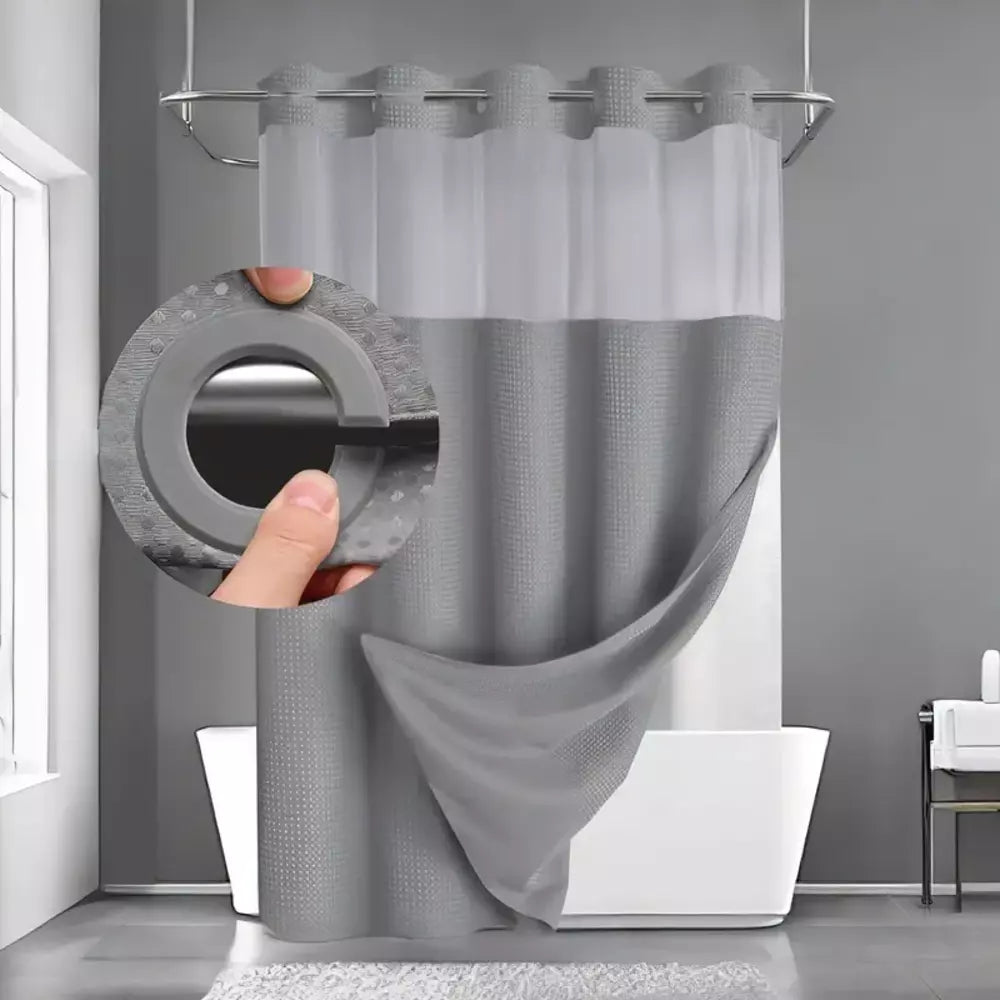 Waffle texture shower curtain in a modern bathroom