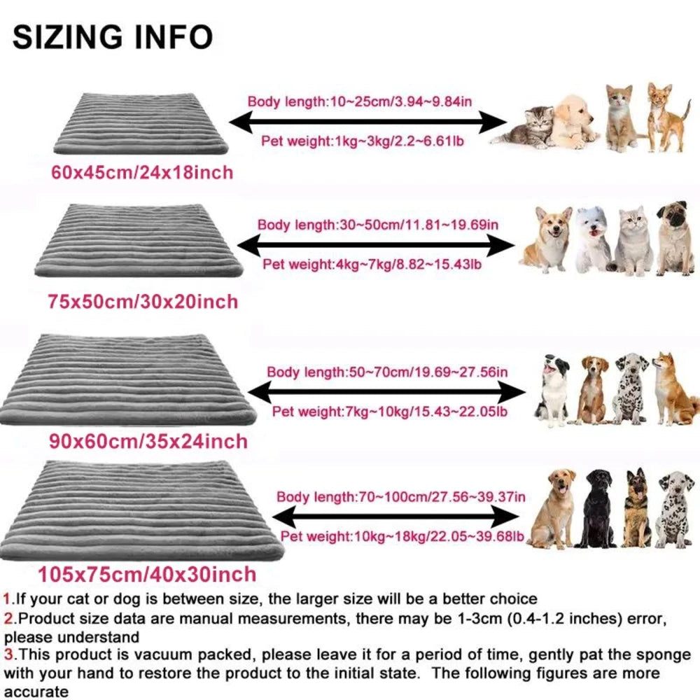 Available sizes of the warm pet mat
