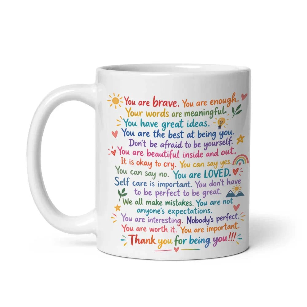 Daily affirmations coffee mug with uplifting words printed on the ceramic surface