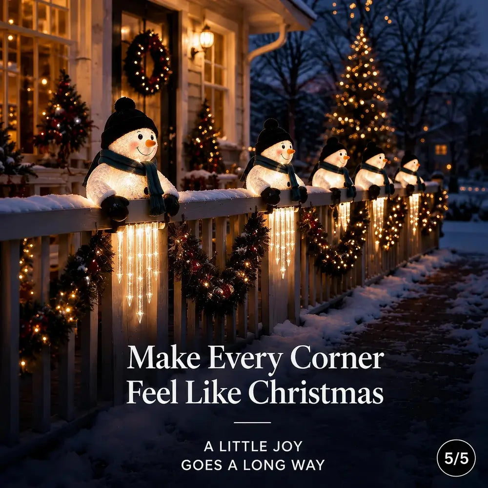 A festive holiday scene with snowman decorations along a front porch railing, glowing string lights, wreaths, and decorated Christmas trees at dusk. Large overlaid text reads, 'Make Every Corner Feel Like Christmas' with smaller text below and a '5/5' badge in the corner.