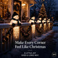 A festive holiday scene with snowman decorations along a front porch railing, glowing string lights, wreaths, and decorated Christmas trees at dusk. Large overlaid text reads, 'Make Every Corner Feel Like Christmas' with smaller text below and a '5/5' badge in the corner.