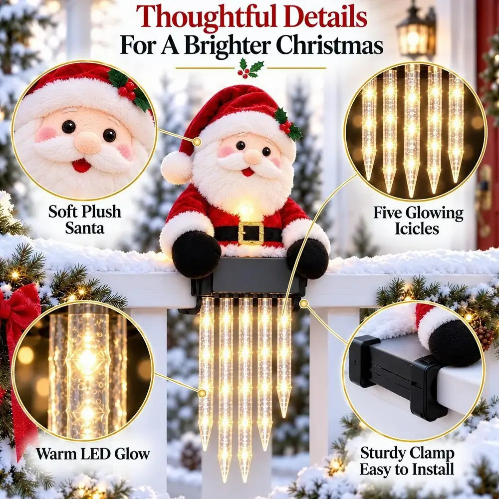 A plush Santa Claus holiday light decoration shown mounted on a snowy porch railing, with callout circles highlighting soft plush fabric, five glowing icicle lights, warm LED glow, and a sturdy clamp for easy installation.