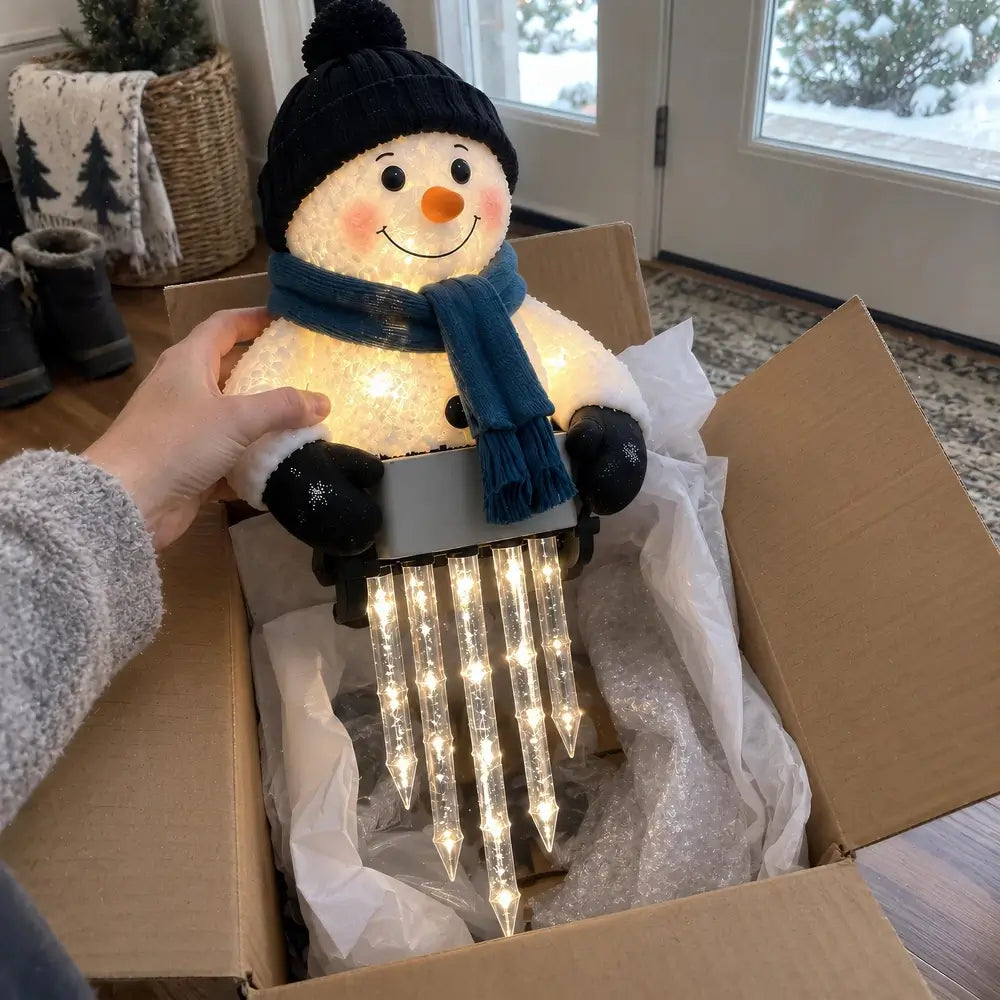 A person's hand is holding a fluffy snowman holiday light ornament inside an open cardboard box. The snowman wears a black knit hat and blue scarf, with glowing icicle lights hanging below.