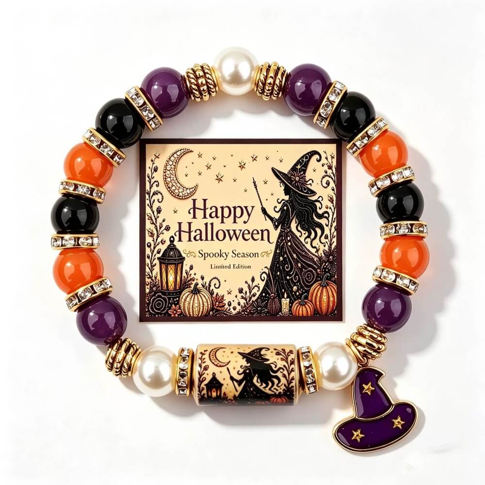 Halloween Beaded Bracelet | Witch Hat Cat Pumpkin Stretch Gift