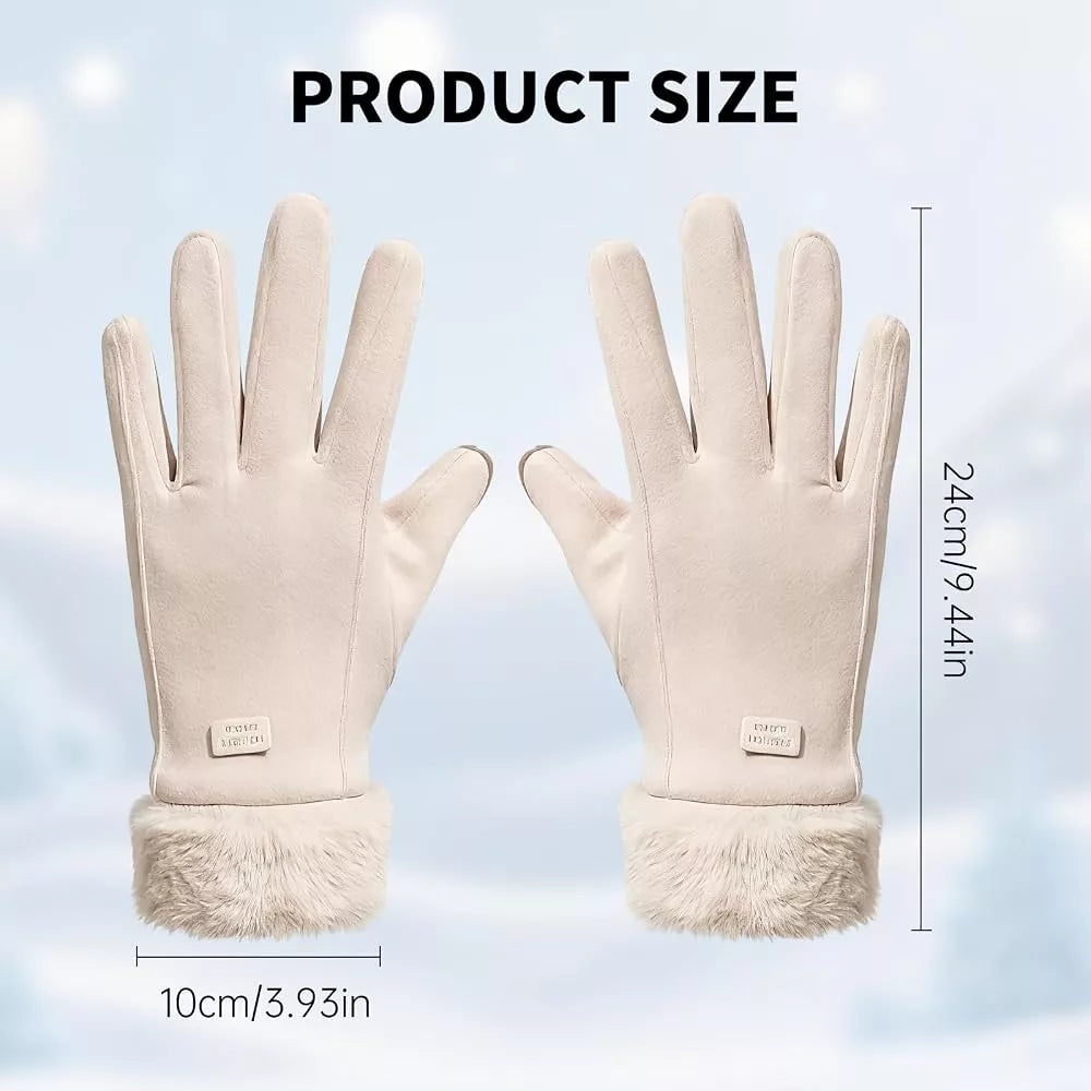 A pair of light beige winter gloves shown with dimension markings labeled 'PRODUCT SIZE' on a soft icy blue background. The gloves are displayed front and back, with a fur cuff and a small sewn label visible.