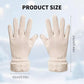 A pair of light beige winter gloves shown with dimension markings labeled 'PRODUCT SIZE' on a soft icy blue background. The gloves are displayed front and back, with a fur cuff and a small sewn label visible.
