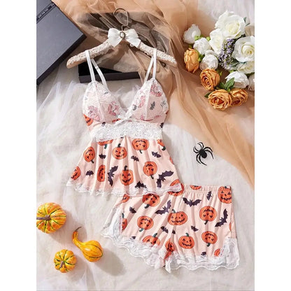 Women's Halloween pajama set with pumpkin and bat print, lace trim tank top and shorts