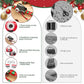 An informational product graphic for a gift-wrapping scissors set, showing holiday decorations at the top and two columns of text and circular photos. The left column lists five features, including tape on the surface, suitability for all sizes, black and red colorway, replaceable tape and blade head, and smooth even cutting.