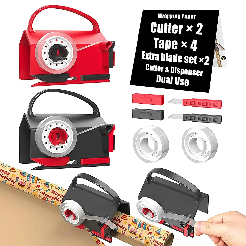 Packaging of a wrapping paper cutter with accessories on a white background