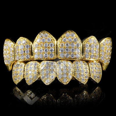 GOLD PLATED FANGED CZ CLUSTER PREMIUM GRILLS