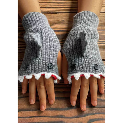 Shark Knitted Button Fingerless Gloves