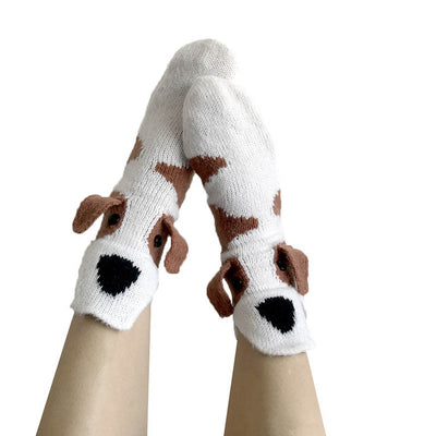 White Dog Knitted Warm 3D Floor Socks