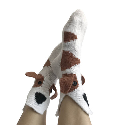 White Dog Knitted Warm 3D Floor Socks