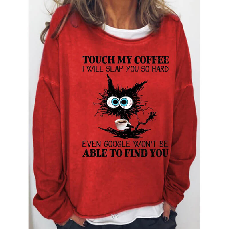 Womens Funny Coffee Letter Black Cat Casual Sweatshirts