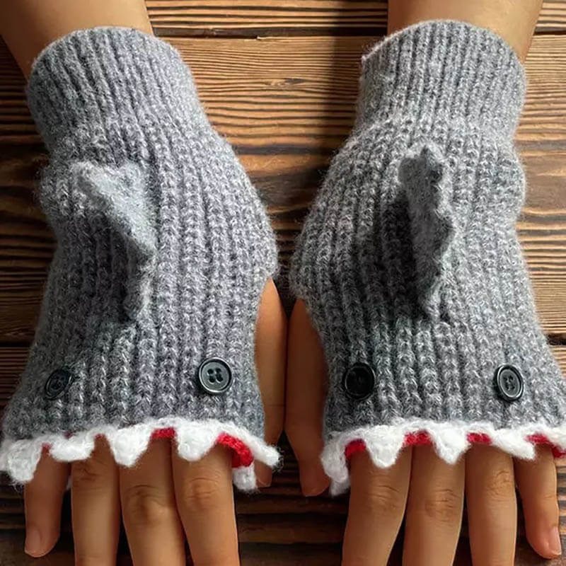 Shark Knitted Button Fingerless Gloves