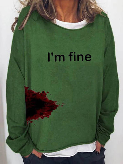 Women's Halloween Humor Funny Bloodstained I'm Fine Printed Long Sleeve T-Shirt