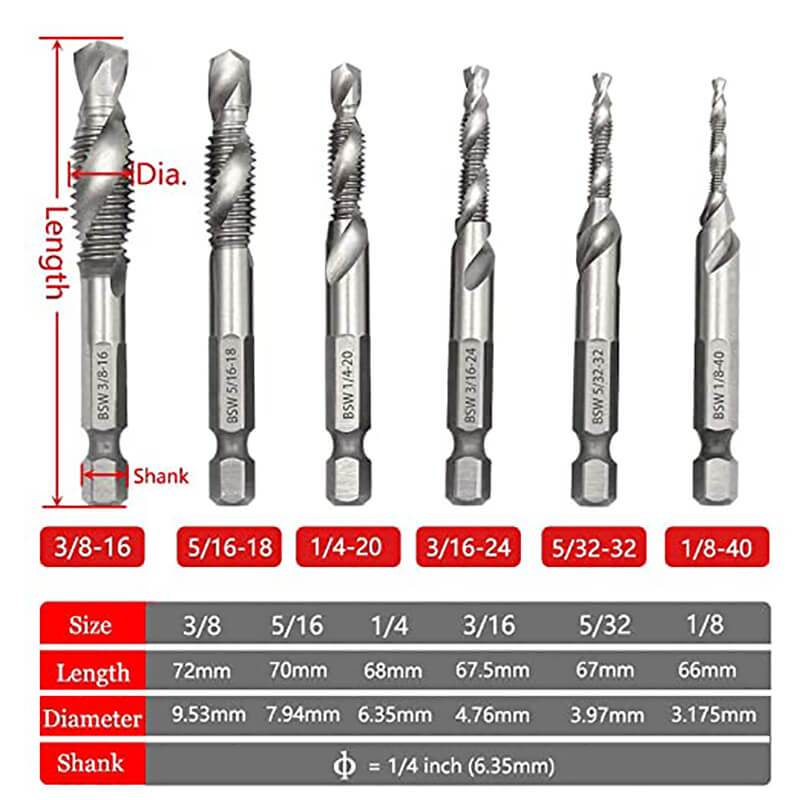 6 Pcs M3-M10 Hex Shank Thread Tap Drill Bits