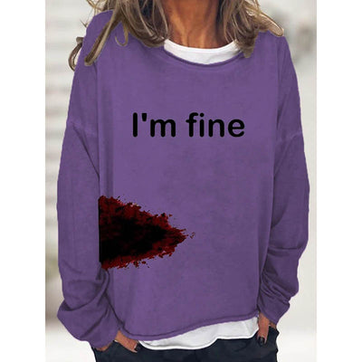 Women's Halloween Humor Funny Bloodstained I'm Fine Printed Long Sleeve T-Shirt