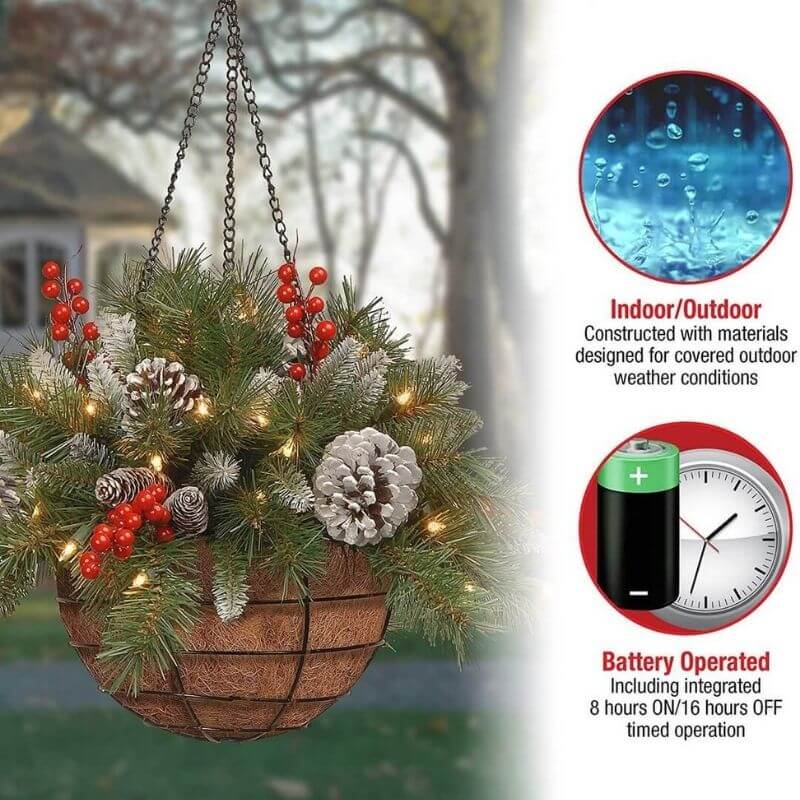 🎄Pre-lit Artificial Christmas Hanging Basket - Flocked with Mixed Decorations and White LED Lights - Frosted Berry