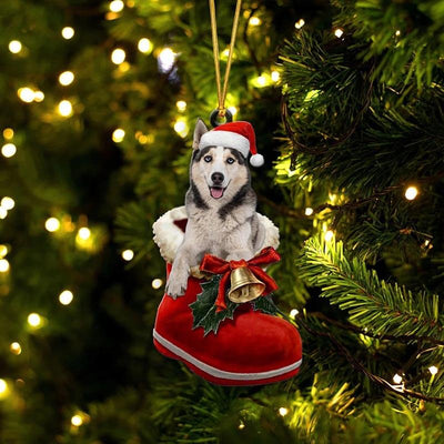 White Husky In Santa Boot Christmas Hanging Ornament SB060